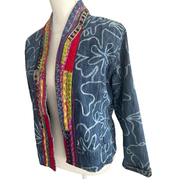 CHICOS Denim Patterned Multicolor Trim Jacket Blazer Size Chicos 1 US M 8 - Picture 2 of 7